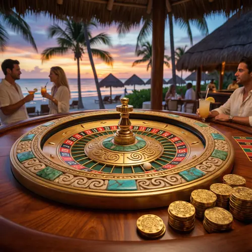 Ruleta dorada con acentos turquesa y patrones mayas girando en casino de lujo